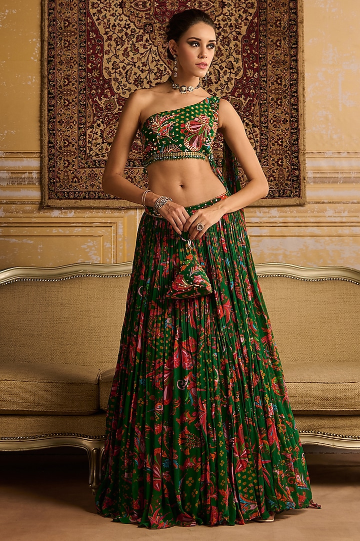 Dark Green Crepe & Georgette Floral Jaal Printed Pleated Wedding Lehenga Set by DiyaRajvvir at Pernia's Pop Up Shop