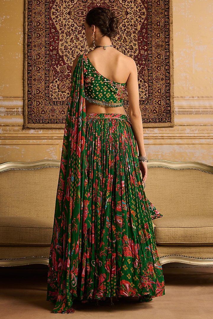 Dark Green Crepe & Georgette Floral Jaal Printed Pleated Wedding Lehenga Set by DiyaRajvvir at Pernia's Pop Up Shop
