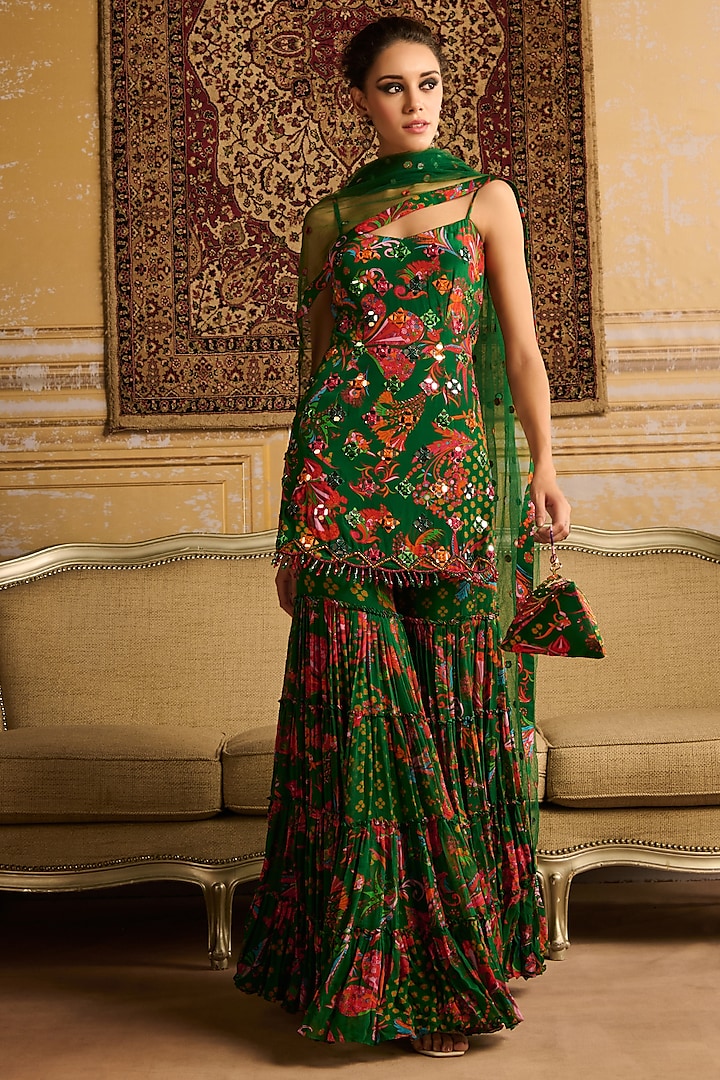 Dark Green Crepe & Georgette Floral Jaal Printed Gharara Set by DiyaRajvvir at Pernia's Pop Up Shop