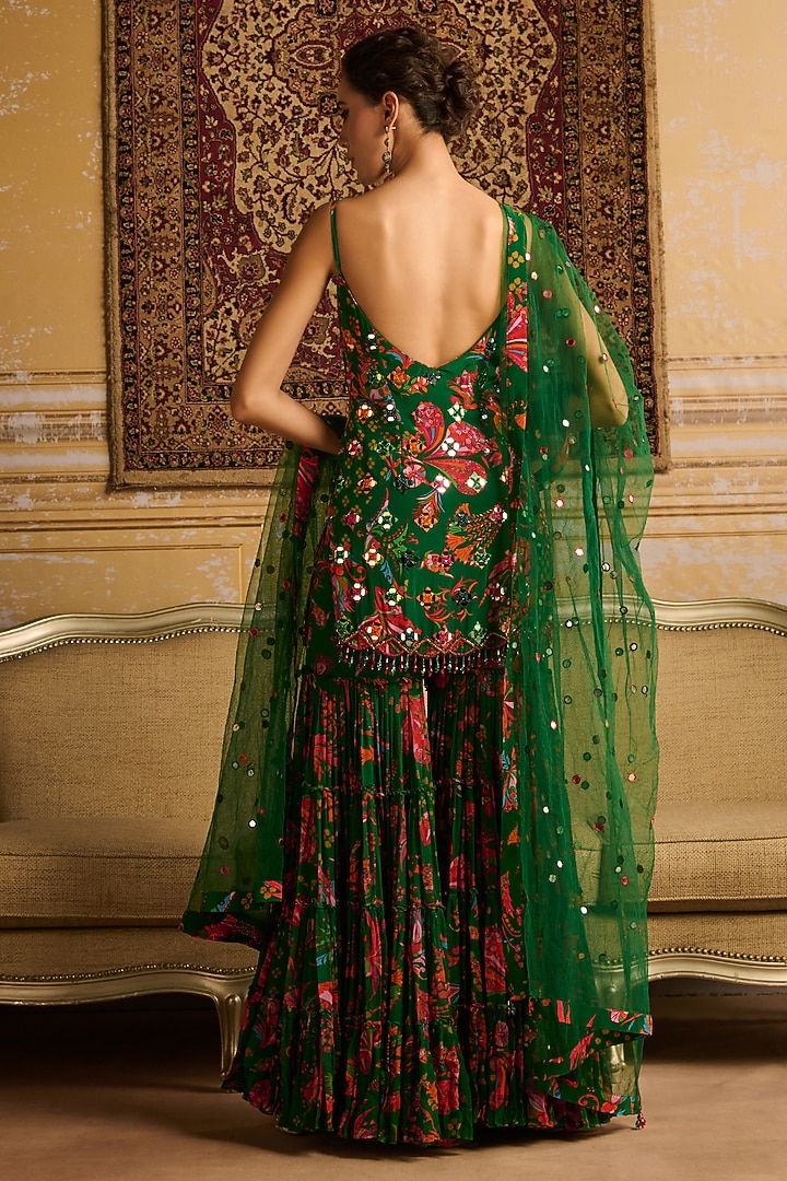 Dark Green Crepe & Georgette Floral Jaal Printed Gharara Set by DiyaRajvvir at Pernia's Pop Up Shop