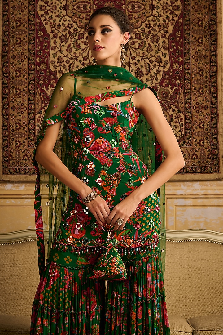 Dark Green Crepe & Georgette Floral Jaal Printed Gharara Set by DiyaRajvvir at Pernia's Pop Up Shop