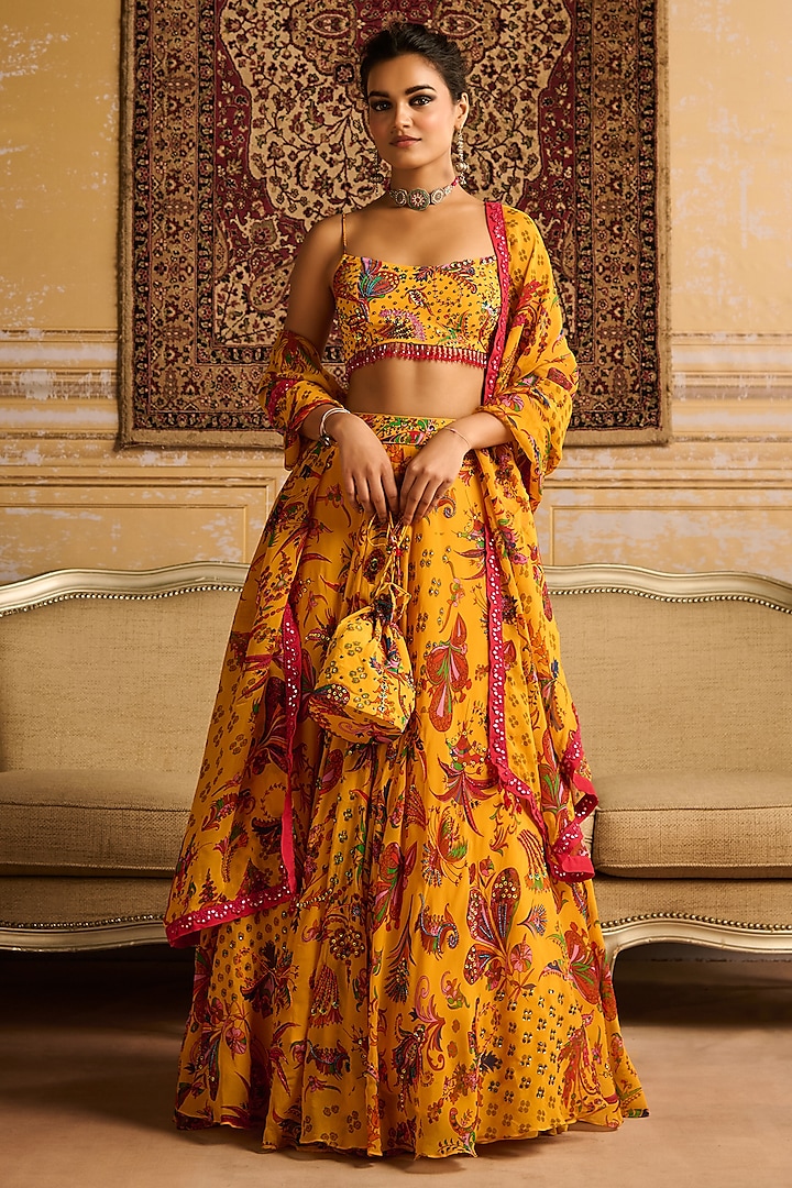 Yellow Crepe & Georgette Floral Jaal Printed Wedding Lehenga Set by DiyaRajvvir at Pernia's Pop Up Shop