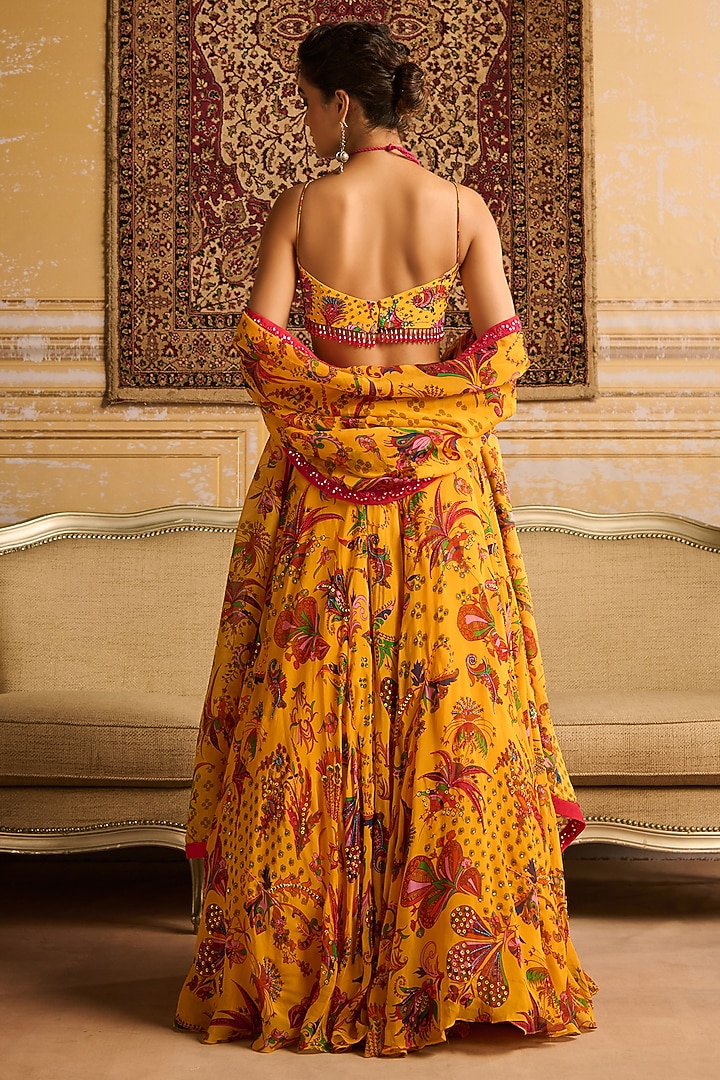 Yellow Crepe & Georgette Floral Jaal Printed Wedding Lehenga Set by DiyaRajvvir at Pernia's Pop Up Shop