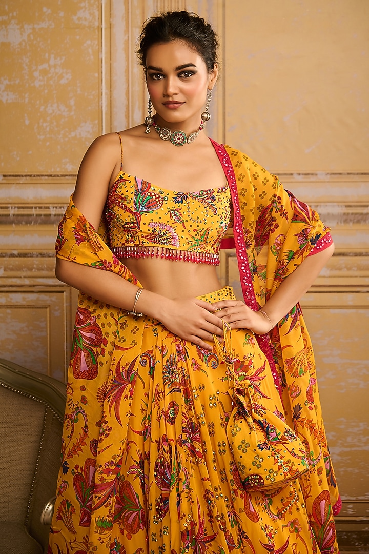 Yellow Crepe & Georgette Floral Jaal Printed Wedding Lehenga Set by DiyaRajvvir at Pernia's Pop Up Shop