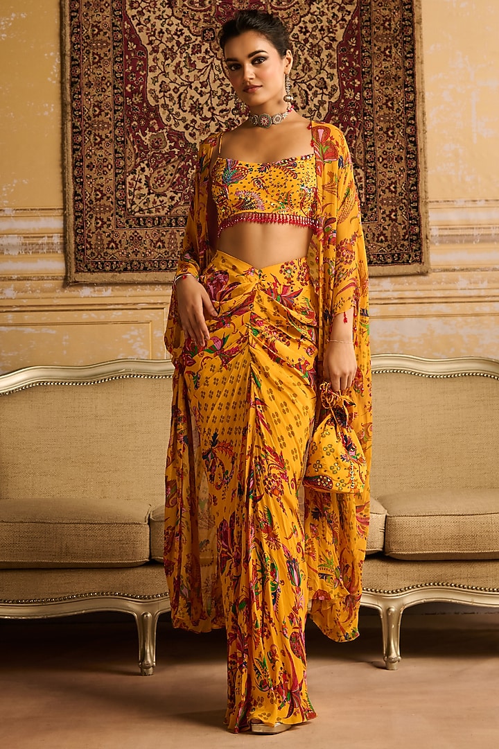 Yellow Crepe & Georgette Floral Jaal Printed Cape Set by DiyaRajvvir at Pernia's Pop Up Shop