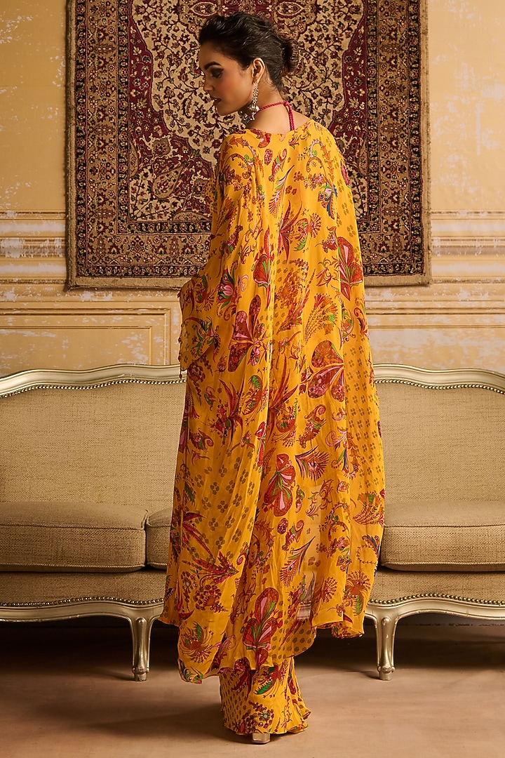 Yellow Crepe & Georgette Floral Jaal Printed Cape Set by DiyaRajvvir at Pernia's Pop Up Shop