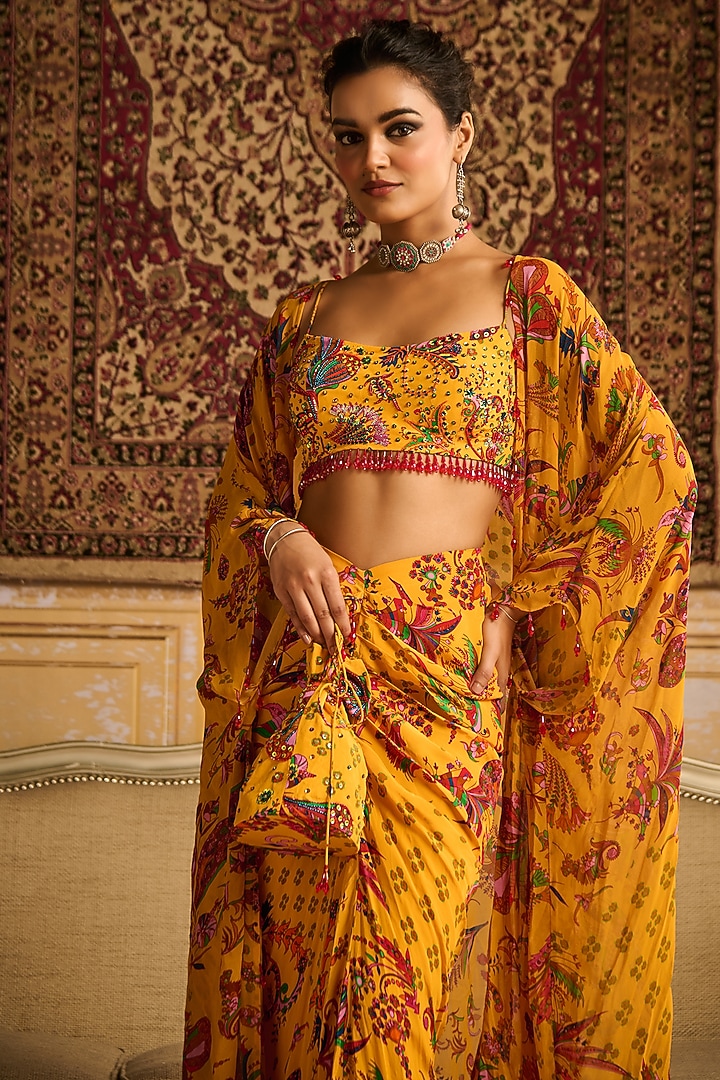 Yellow Crepe & Georgette Floral Jaal Printed Cape Set by DiyaRajvvir at Pernia's Pop Up Shop