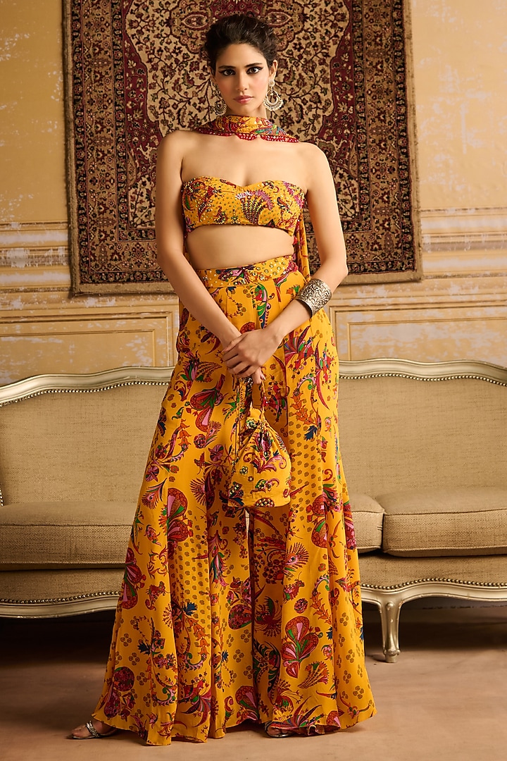 Yellow Crepe & Georgette Floral Jaal Printed Gharara Set by DiyaRajvvir at Pernia's Pop Up Shop