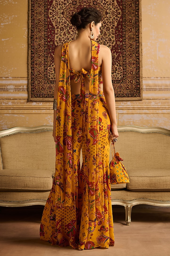 Yellow Crepe & Georgette Floral Jaal Printed Gharara Set by DiyaRajvvir at Pernia's Pop Up Shop