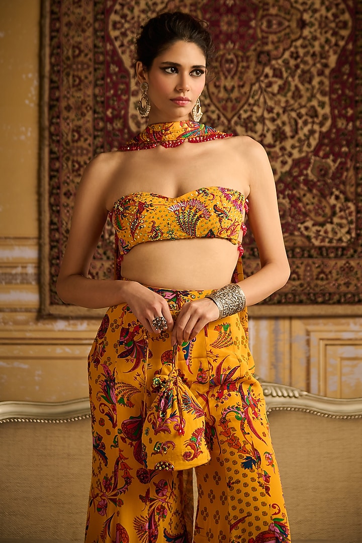 Yellow Crepe & Georgette Floral Jaal Printed Gharara Set by DiyaRajvvir at Pernia's Pop Up Shop