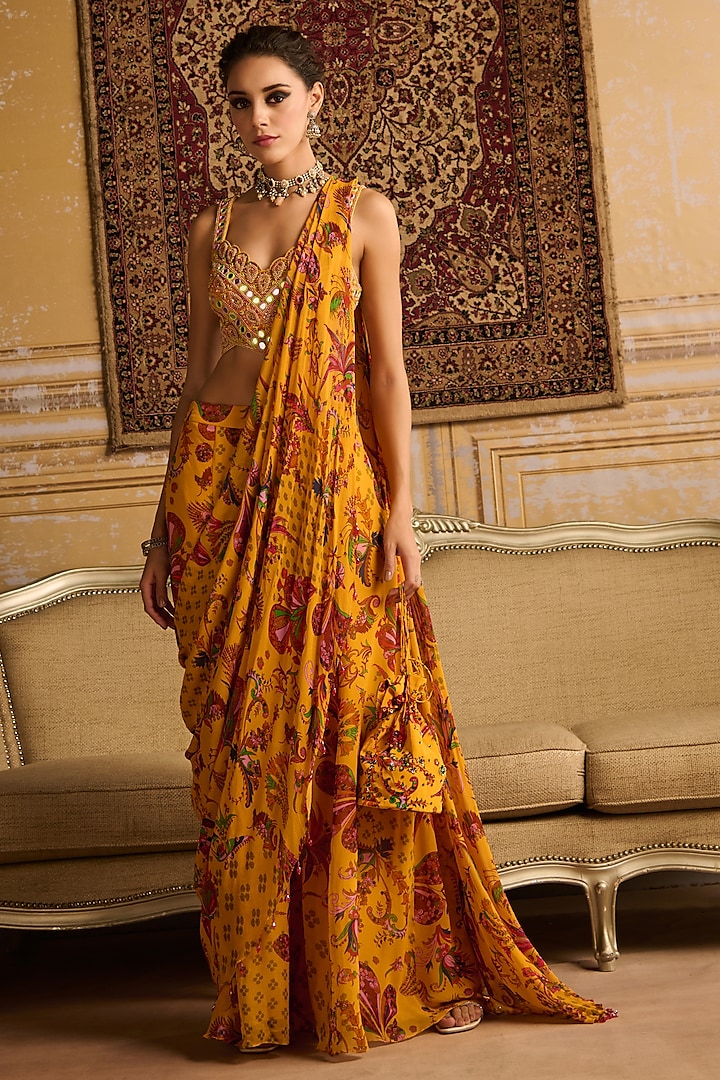 Yellow Georgette Floral Jaal Printed Sharara Pant Saree Set by DiyaRajvvir at Pernia's Pop Up Shop