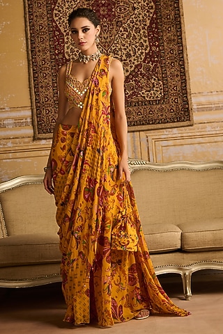 Yellow Georgette Floral Jaal Printed Sharara Pant Saree Set by DiyaRajvvir
