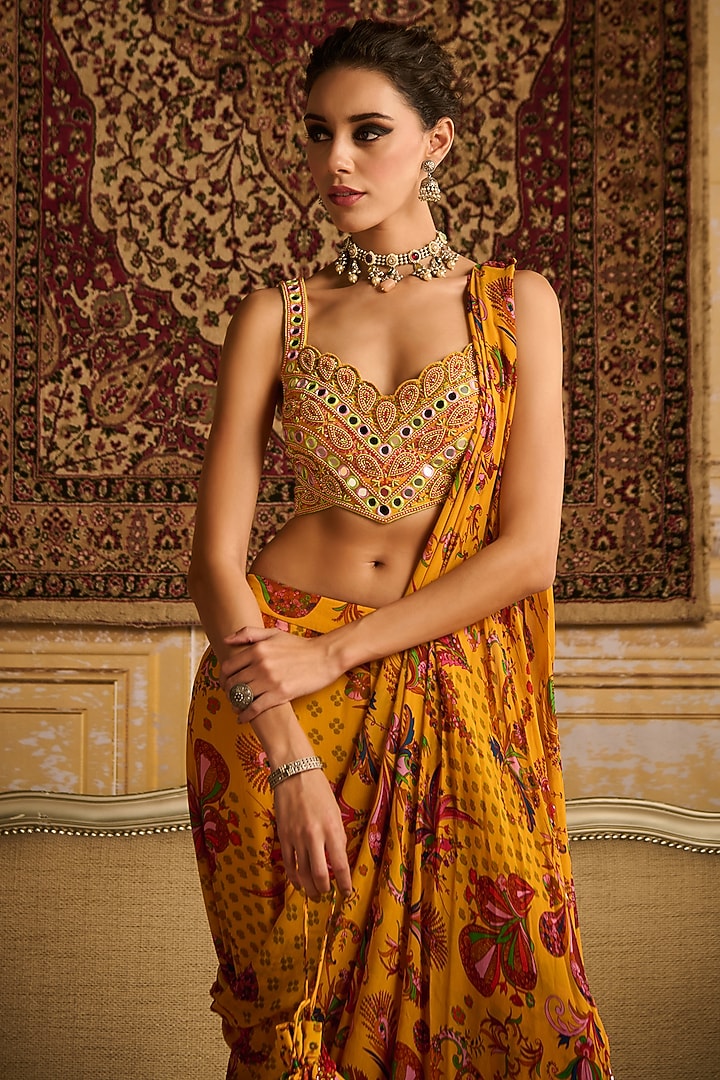 Yellow Georgette Floral Jaal Printed Sharara Pant Wedding Saree Set by DiyaRajvvir at Pernia's Pop Up Shop