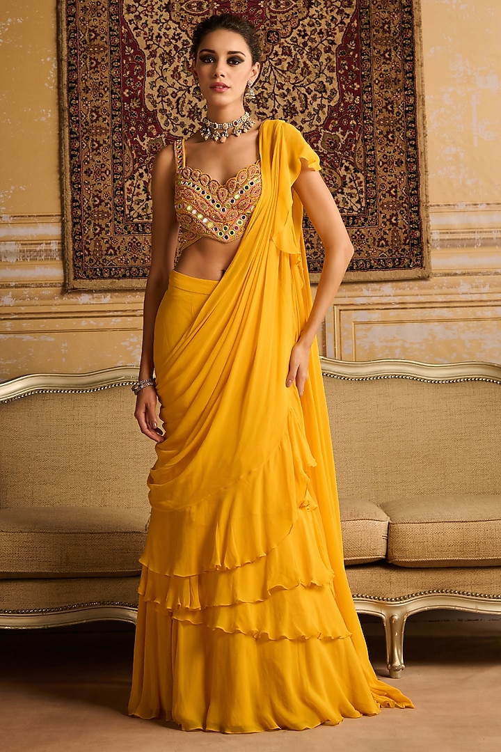 Yellow Cotton Silk & Georgette Ruffled Skirt Saree Set by DiyaRajvvir at Pernia's Pop Up Shop