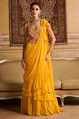Yellow Cotton Silk & Georgette Ruffled Skirt Saree Set by DiyaRajvvir