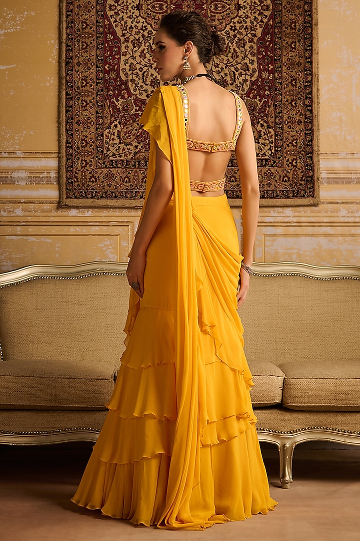 Yellow Cotton Silk & Georgette Ruffled Skirt Wedding Saree Set by DiyaRajvvir at Pernia's Pop Up Shop