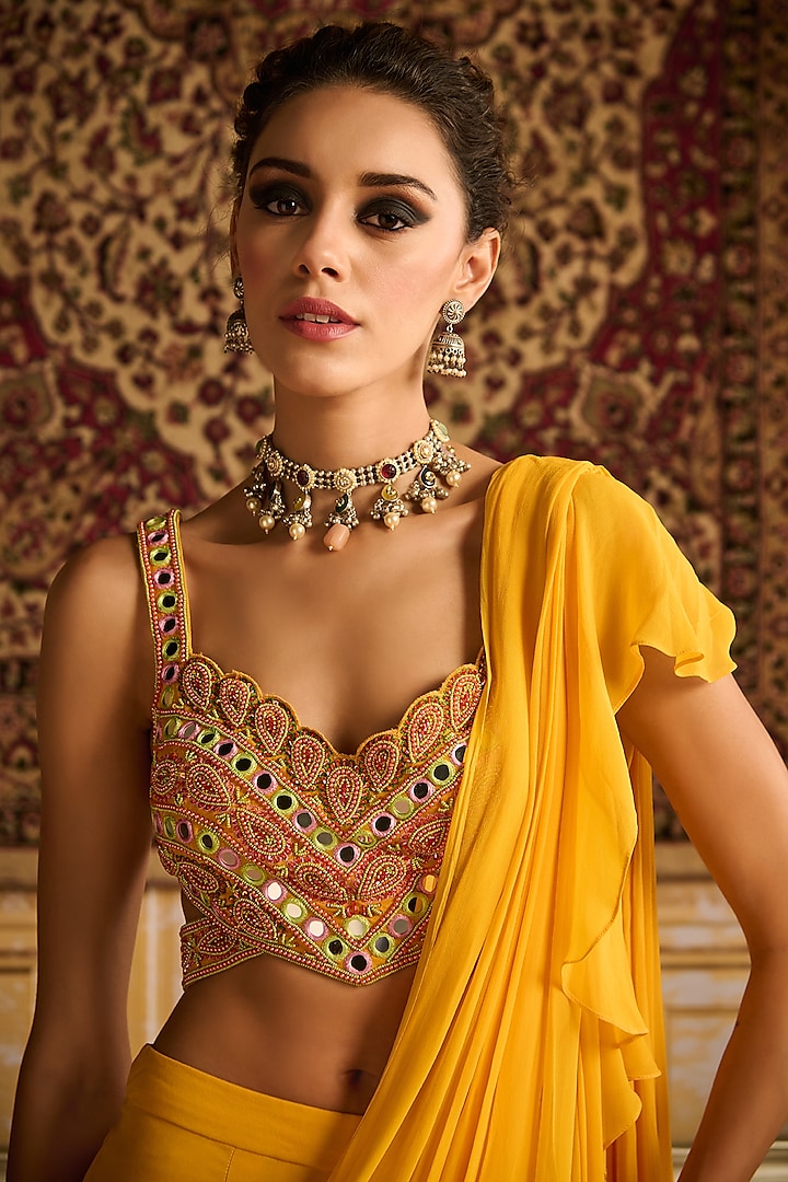 Yellow Cotton Silk & Georgette Ruffled Skirt Wedding Saree Set by DiyaRajvvir at Pernia's Pop Up Shop