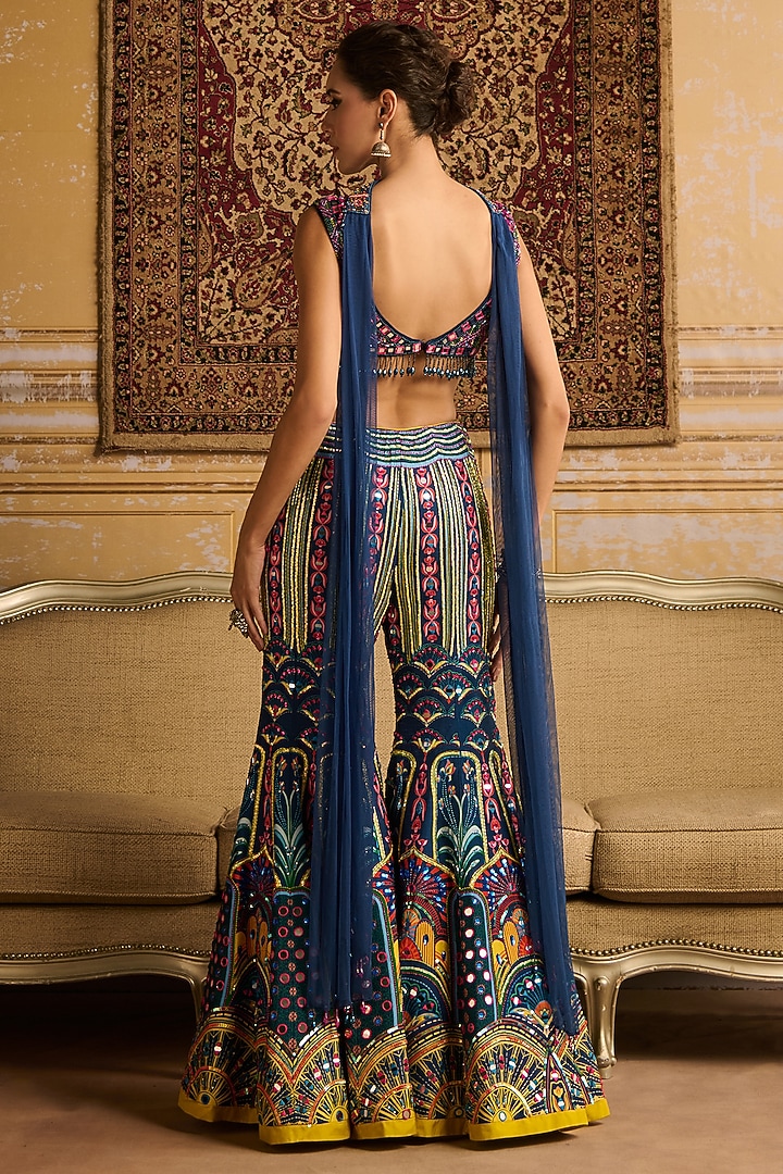 Teal Raw Silk Printed Bridal Sharara Set by DiyaRajvvir at Pernia's Pop Up Shop