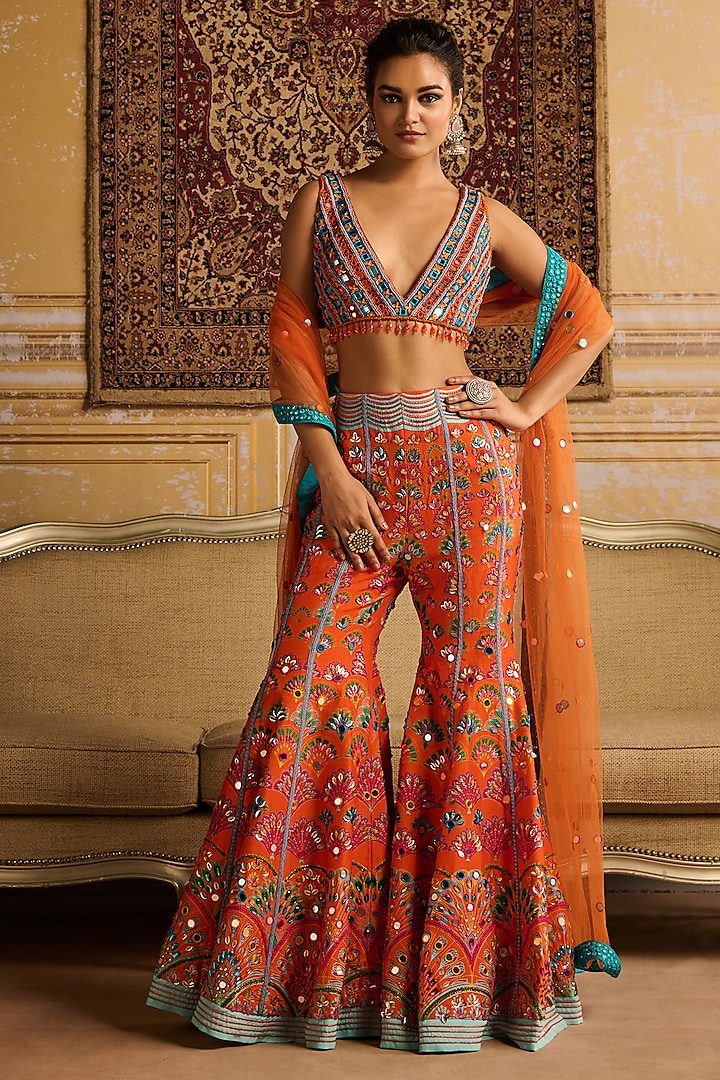 Orange Raw Silk Printed Sharara Set by DiyaRajvvir at Pernia's Pop Up Shop