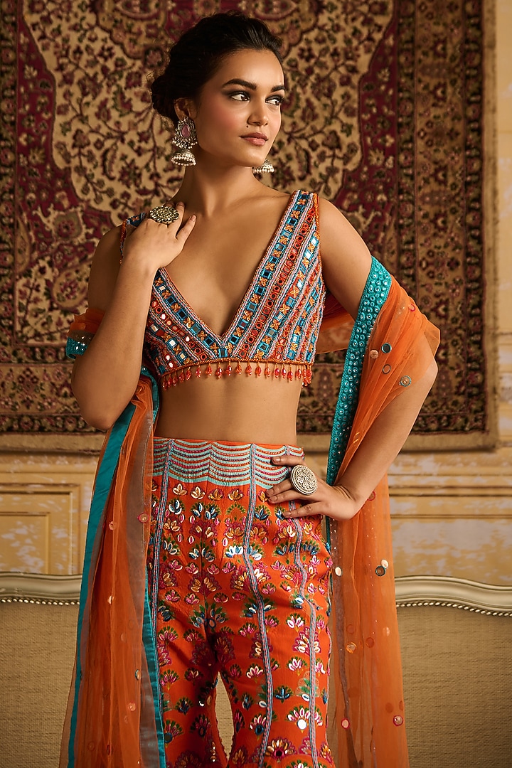 Orange Raw Silk Printed Bridal Sharara Set by DiyaRajvvir at Pernia's Pop Up Shop