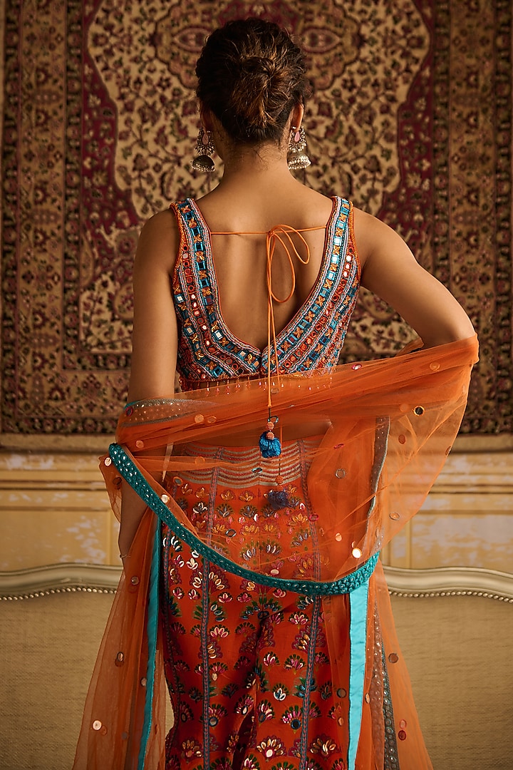 Orange Raw Silk Printed Bridal Sharara Set by DiyaRajvvir at Pernia's Pop Up Shop