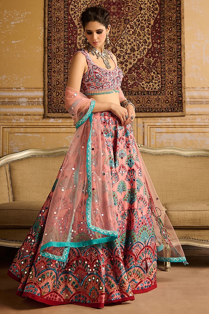 Peach Raw Silk Scalloped Printed & Embroidered Wedding Lehenga Set by DiyaRajvvir at Pernia's Pop Up Shop