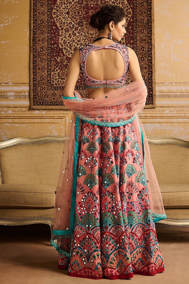 Peach Raw Silk Scalloped Printed & Embroidered Wedding Lehenga Set by DiyaRajvvir at Pernia's Pop Up Shop