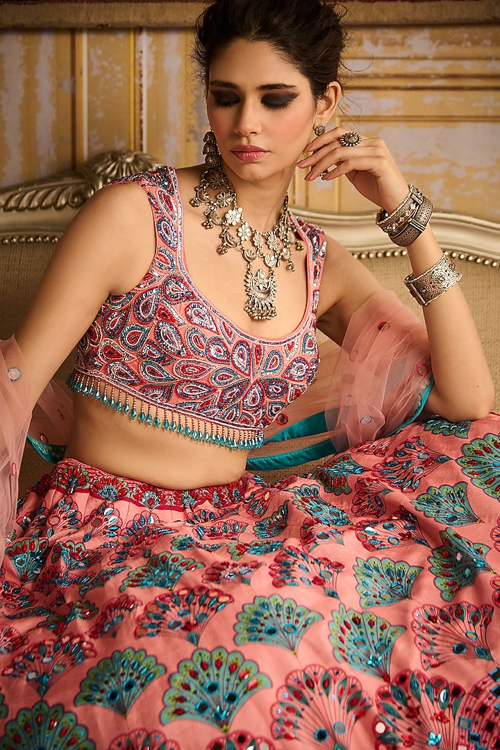 Peach Raw Silk Scalloped Printed & Embroidered Wedding Lehenga Set by DiyaRajvvir at Pernia's Pop Up Shop