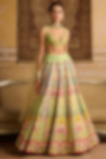 Mint Raw Silk Arch Printed & Embroidered Wedding Lehenga Set by DiyaRajvvir at Pernia's Pop Up Shop