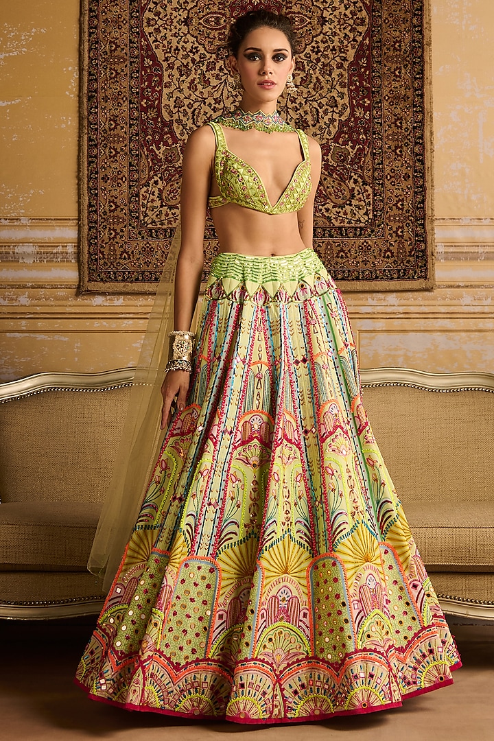 Mint Raw Silk Arch Printed & Embroidered Wedding Lehenga Set by DiyaRajvvir at Pernia's Pop Up Shop