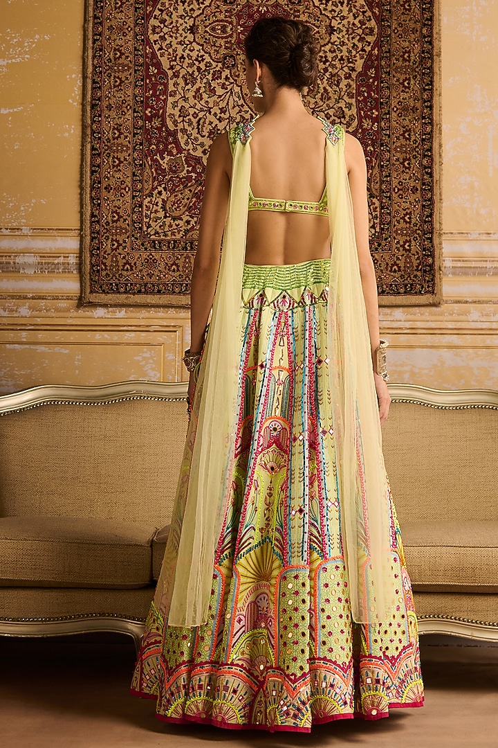 Mint Raw Silk Arch Printed & Embroidered Wedding Lehenga Set by DiyaRajvvir at Pernia's Pop Up Shop