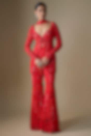 Red Net & Shantoon Embroidered Bridal Sharara Set by DiyaRajvvir at Pernia's Pop Up Shop