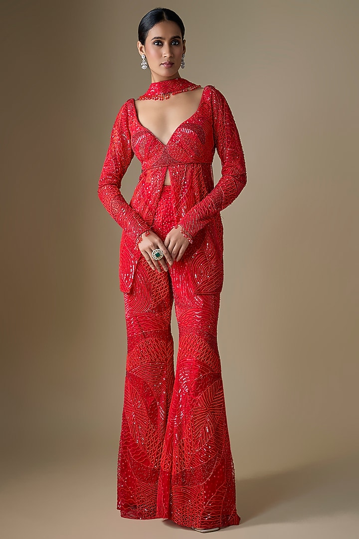 Red Net & Shantoon Embroidered Bridal Sharara Set by DiyaRajvvir at Pernia's Pop Up Shop