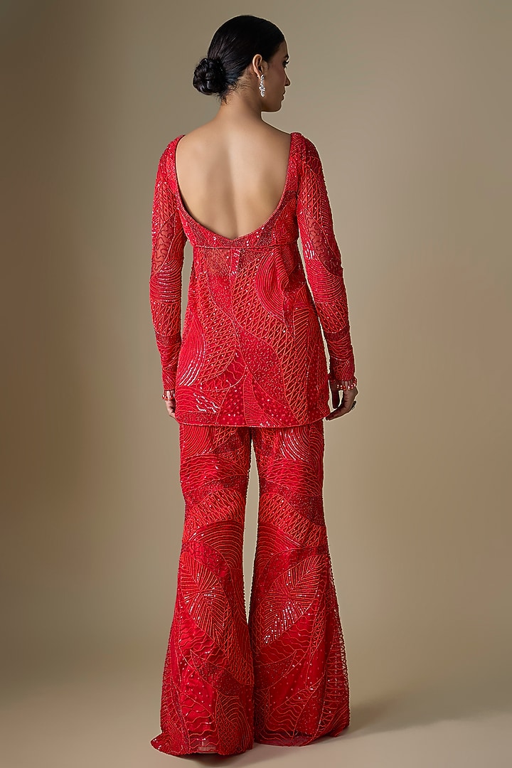 Red Net & Shantoon Embroidered Bridal Sharara Set by DiyaRajvvir at Pernia's Pop Up Shop