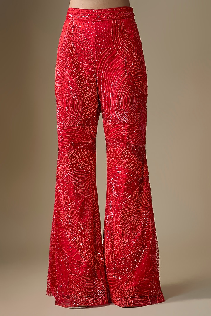 Red Net & Shantoon Embroidered Bridal Sharara Set by DiyaRajvvir at Pernia's Pop Up Shop