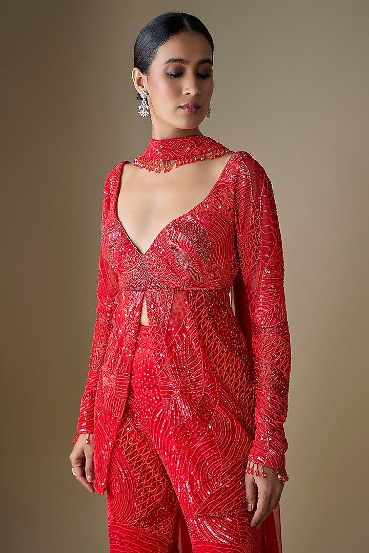 Red Net & Shantoon Embroidered Bridal Sharara Set by DiyaRajvvir at Pernia's Pop Up Shop