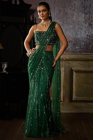 Bottle Green Tulle Embroidered Pre-Draped Skirt Saree Set by DiyaRajvvir