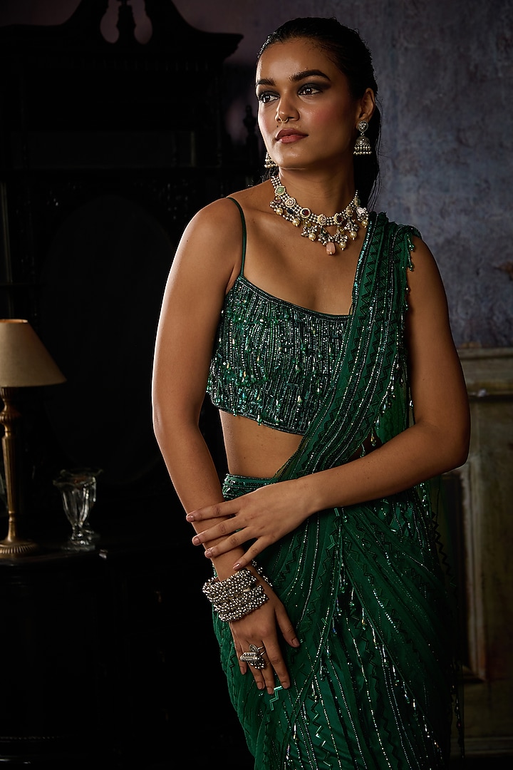 Bottle Green Tulle Embroidered Pre-Draped Skirt Reception Saree Set by DiyaRajvvir at Pernia's Pop Up Shop