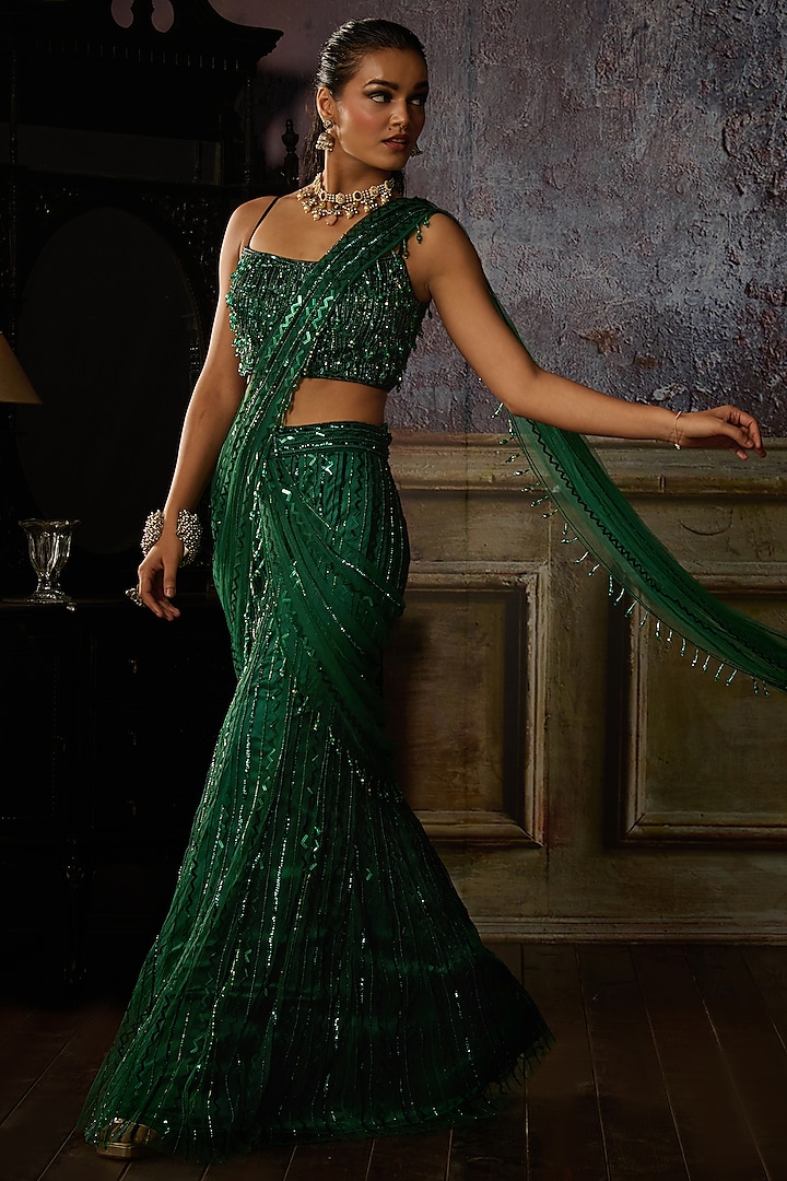 Bottle Green Tulle Embroidered Pre-Draped Skirt Reception Saree Set by DiyaRajvvir at Pernia's Pop Up Shop