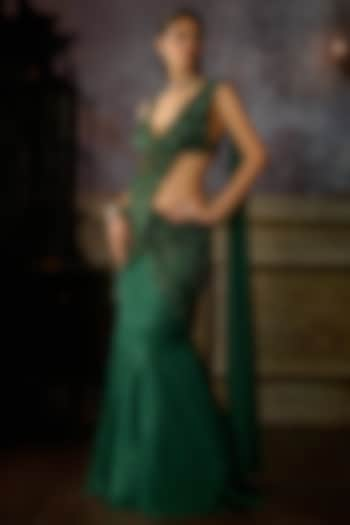 Bottle Green Tulle & Armani Satin Pre-Draped Skirt Saree Set by DiyaRajvvir at Pernia's Pop Up Shop