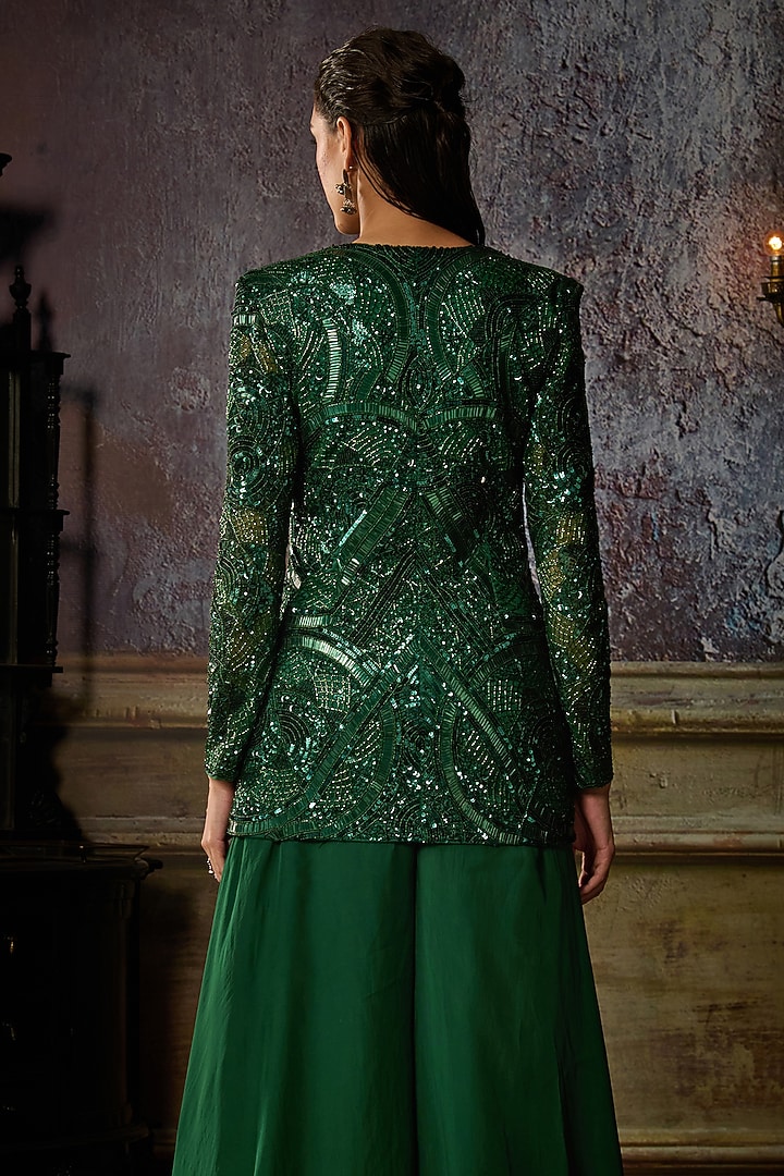 Bottle Green Tulle & Organza Embroidered Jacket Set by DiyaRajvvir at Pernia's Pop Up Shop