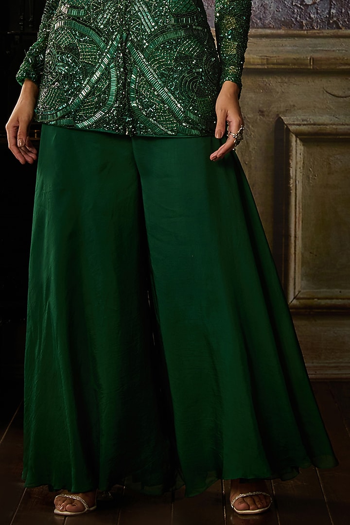 Bottle Green Tulle & Organza Embroidered Jacket Set by DiyaRajvvir at Pernia's Pop Up Shop