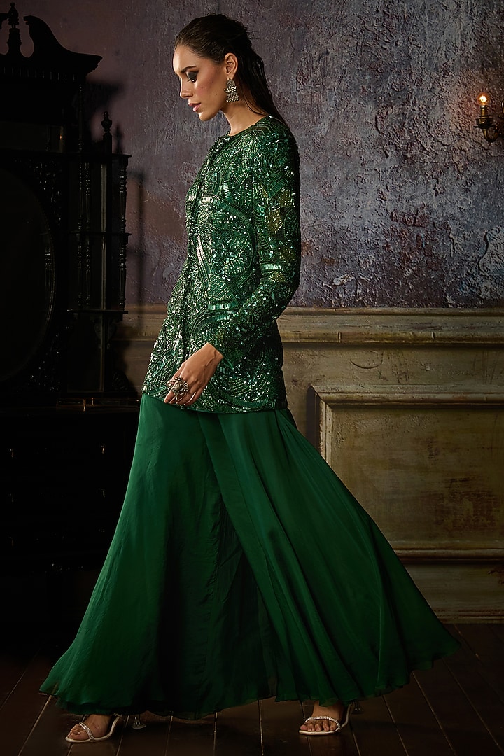 Bottle Green Tulle & Organza Embroidered Jacket Set by DiyaRajvvir at Pernia's Pop Up Shop