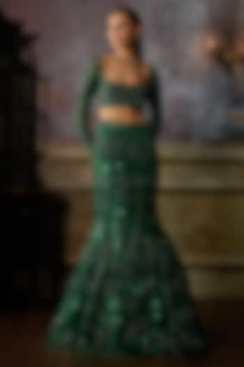 Bottle Green Tulle Embroidered Mermaid Skirt Set by DiyaRajvvir at Pernia's Pop Up Shop