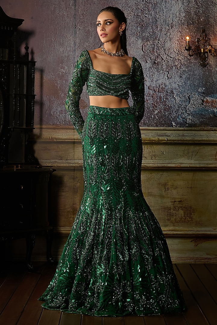 Bottle Green Tulle Embroidered Mermaid Skirt Set by DiyaRajvvir at Pernia's Pop Up Shop