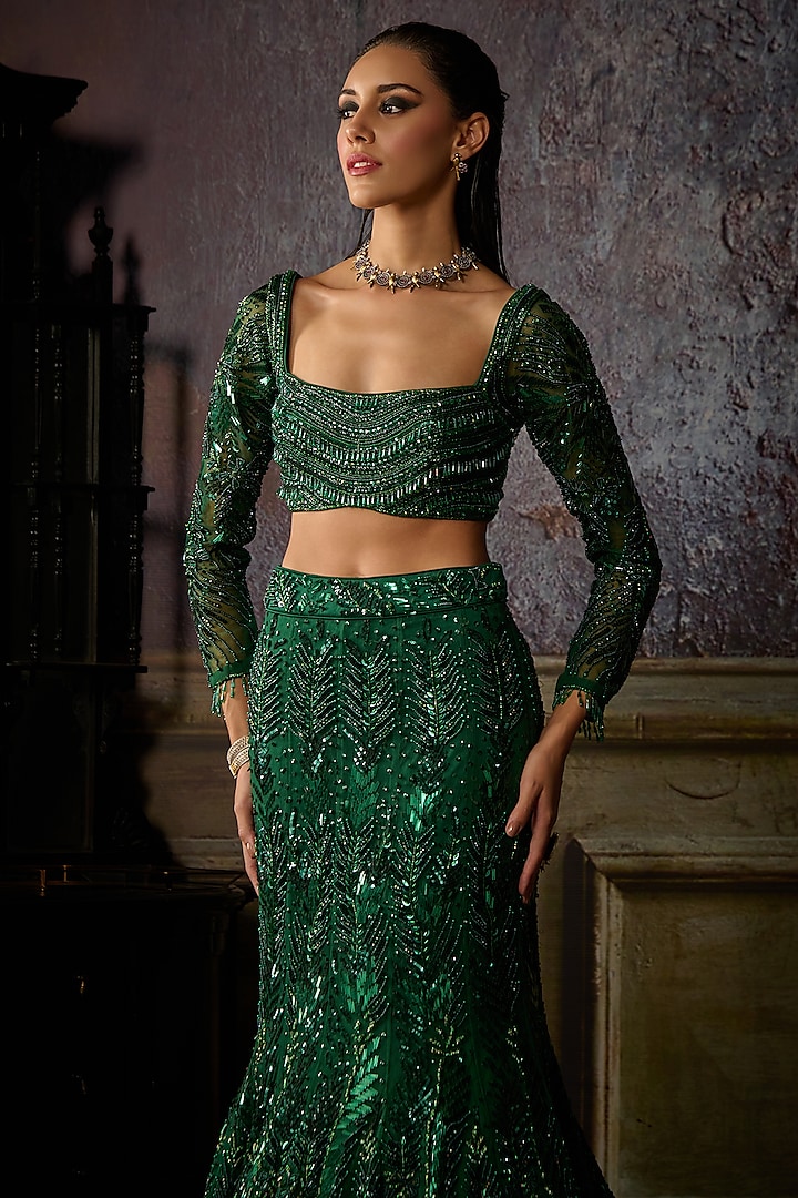 Bottle Green Tulle Embroidered Mermaid Skirt Set by DiyaRajvvir at Pernia's Pop Up Shop
