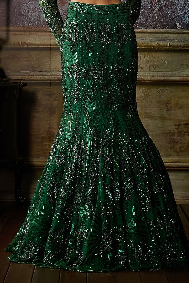 Bottle Green Tulle Embroidered Mermaid Skirt Set by DiyaRajvvir at Pernia's Pop Up Shop