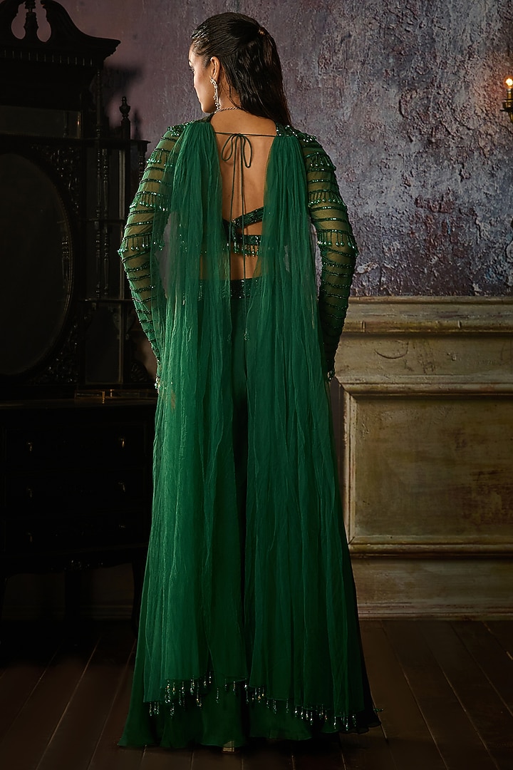 Bottle Green Organza Wedding Sharara Set by DiyaRajvvir at Pernia's Pop Up Shop