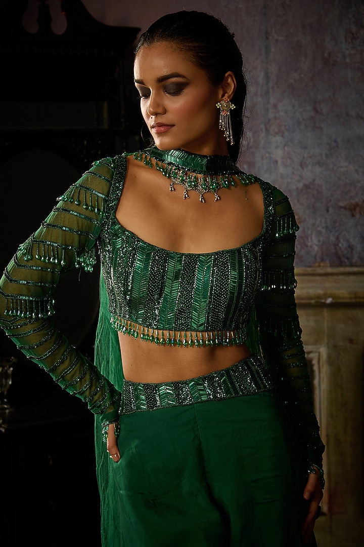 Bottle Green Organza Wedding Sharara Set by DiyaRajvvir at Pernia's Pop Up Shop