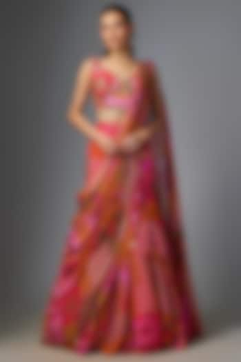 Pink Crepe Floral Printed Mermaid Wedding Saree Set by DiyaRajvvir at Pernia's Pop Up Shop